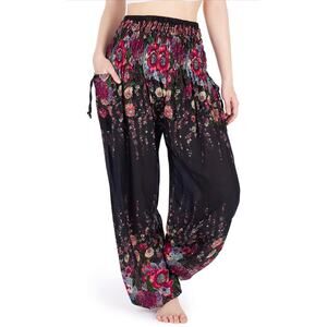 Harem Pants Women’s High Waist Bohemian Floral Boho Yoga Pockets Hippie Med